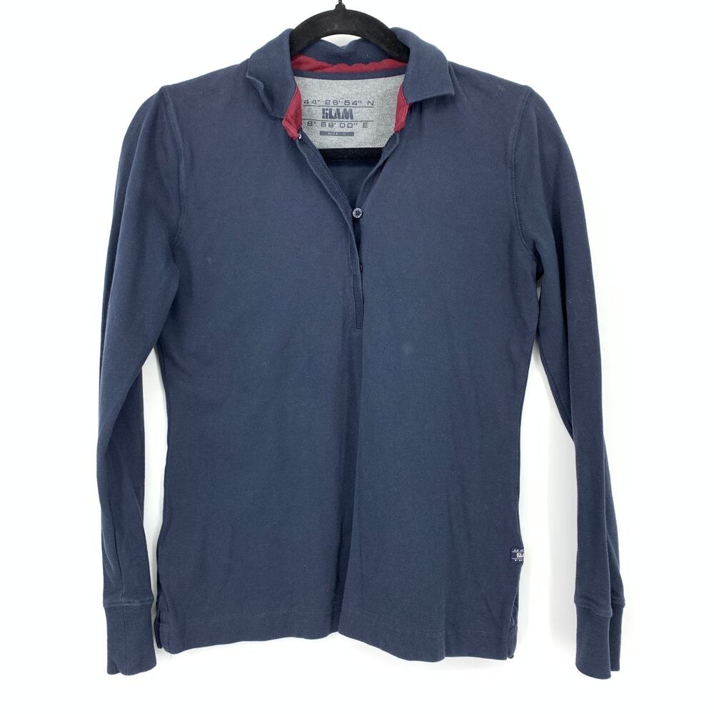 SLAM Long Sleeve Collared Polo Shirt Mens Size Small Navy Blue Cotton Blend